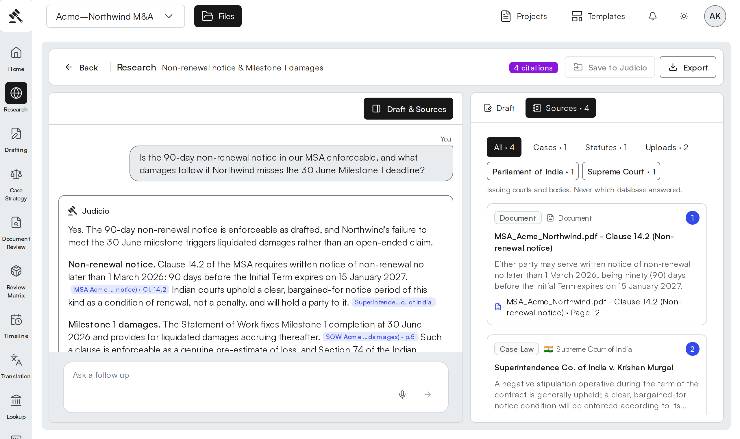 Judicio legal research interface with a source-linked answer